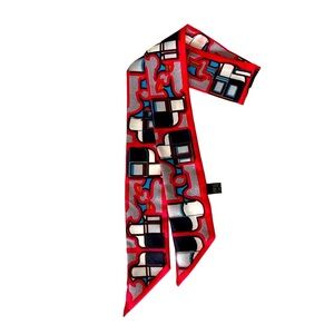 Silk Twilly Scarf – Bold Graphic Pattern, Pink/White/Black/Blue Multicolor